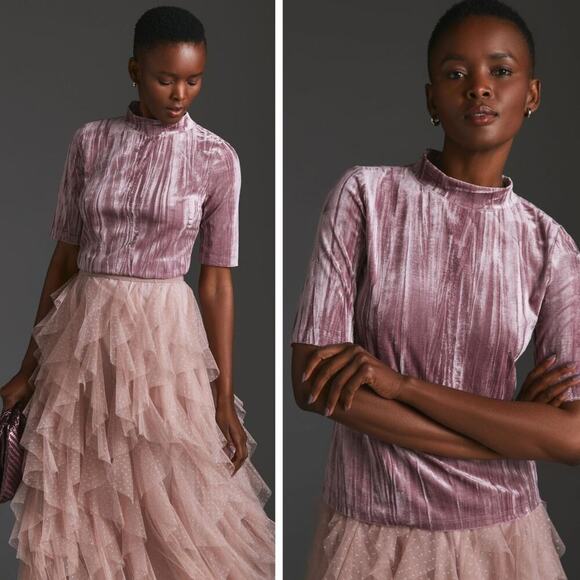 Pilcro Tops - PILCRO Anthropologie Velveteen Mock Neck Top Sz Small Pink